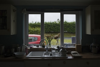 A kitchen is shown with a window view of a hedge and a red car parked outside. The countertop has various objects including a bowl, cups, glasses, and a kettle. There are small plants and flowers on the windowsill.