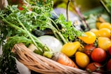 A wicker basket is filled with an assortment of fresh vegetables, including yellow pear-shaped tomatoes, red cherry tomatoes, a round white onion, and leafy sprigs of green herbs. The sunlight creates a vibrant display of colors, highlighting the freshness of the produce.