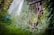 A lush garden setting with abundant greenery, including tall grass and flowering plants. A rustic wooden structure is partially visible, surrounded by climbing plants. A hose is coiled nearby, and there's a hint of a tarp or greenhouse material in the background.