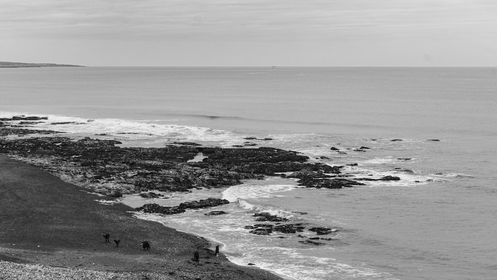 a black and white photo of people walking on the beach