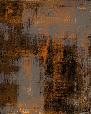 An abstract textured pattern with a rough, layered appearance. The artwork features a mix of dark brown and orange hues with hints of gray, creating a distressed, weathered look. The texture resembles layers of paint or fabric with visible brushstrokes and uneven surfaces, conveying depth and complexity.