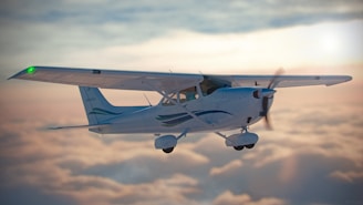 a small airplane flying through a cloudy sky