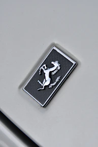 Close-up of a sleek, geometric horse head logo in champagne gold on a slate grey background.