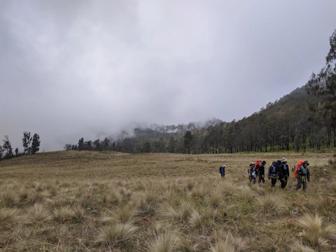 A group of Venturer Scouts standing on a misty hilltop in England, backpacks ready.