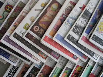 An array of colorful magazines or newspapers is spread out. Each publication features vibrant and varied cover designs, with a mix of illustrations, text, and patterns. The arrangement creates a visually dynamic and layered appearance.