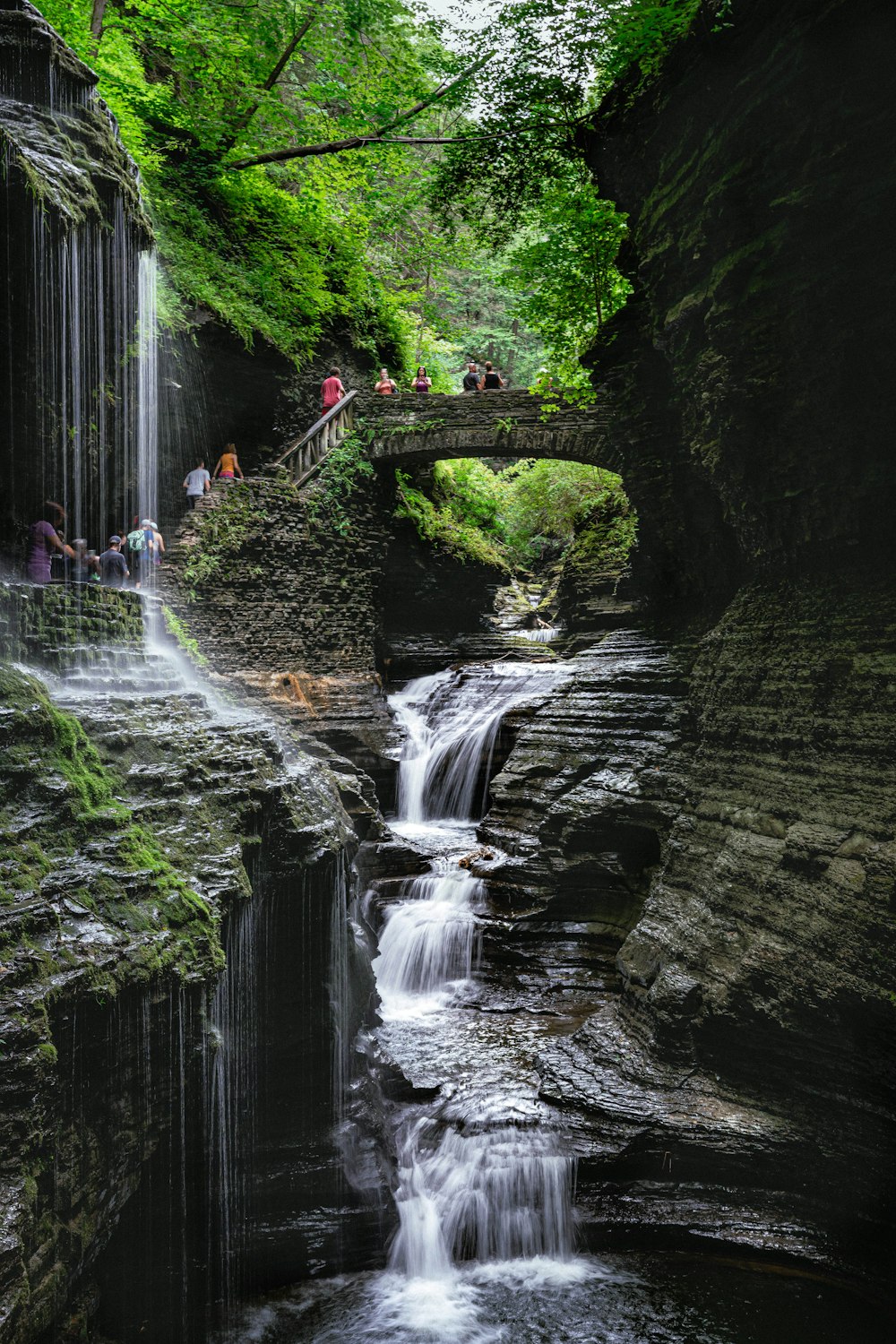 a group of people standing on a bridge over a waterfall