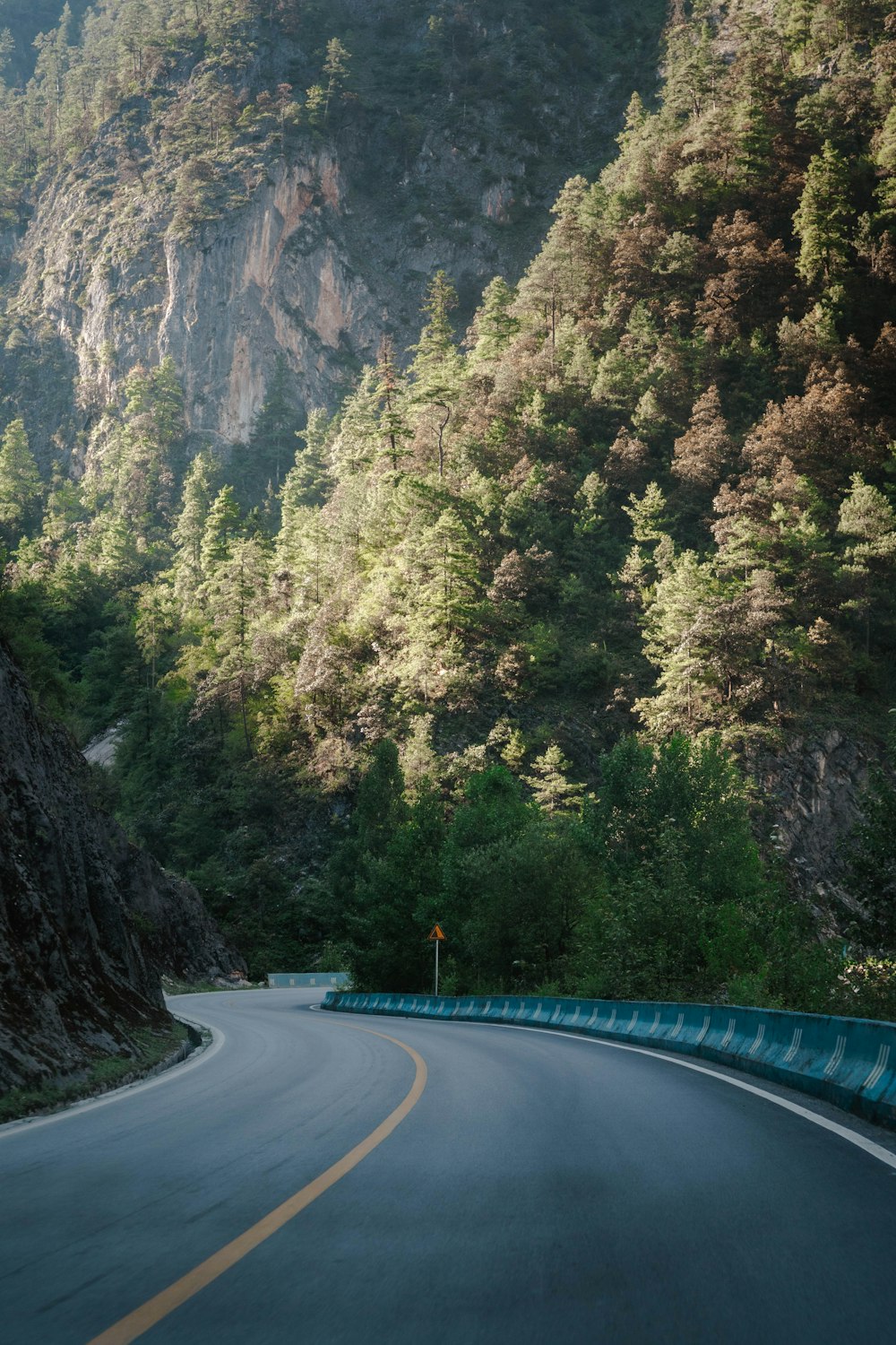 a curved road with a mountain in the background