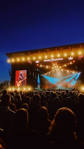 A large crowd of people is gathered in front of an outdoor stage at a music festival. Bright stage lights illuminate the stage, and a large screen displays a musician playing a guitar. The sky is dark, indicating it is nighttime, and the words 'celebrating 30 years of rock' are illuminated above the stage.