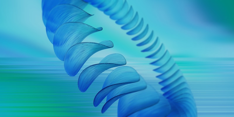 An abstract, spiraling blue form set against a smooth gradient background of blues and greens. The structure has a fluid, wave-like appearance with a contemporary, artistic design.