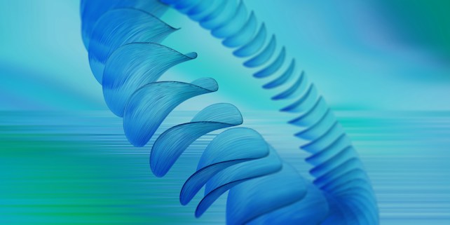 An abstract, spiraling blue form set against a smooth gradient background of blues and greens. The structure has a fluid, wave-like appearance with a contemporary, artistic design.