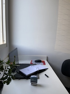 A tidy office desk with a laptop partially closed, a potted plant on the left, and an open binder with papers. A stamp, pen, mouse, and mousepad are also visible on the white desk. The desk is placed against a white wall, with a window to the side.