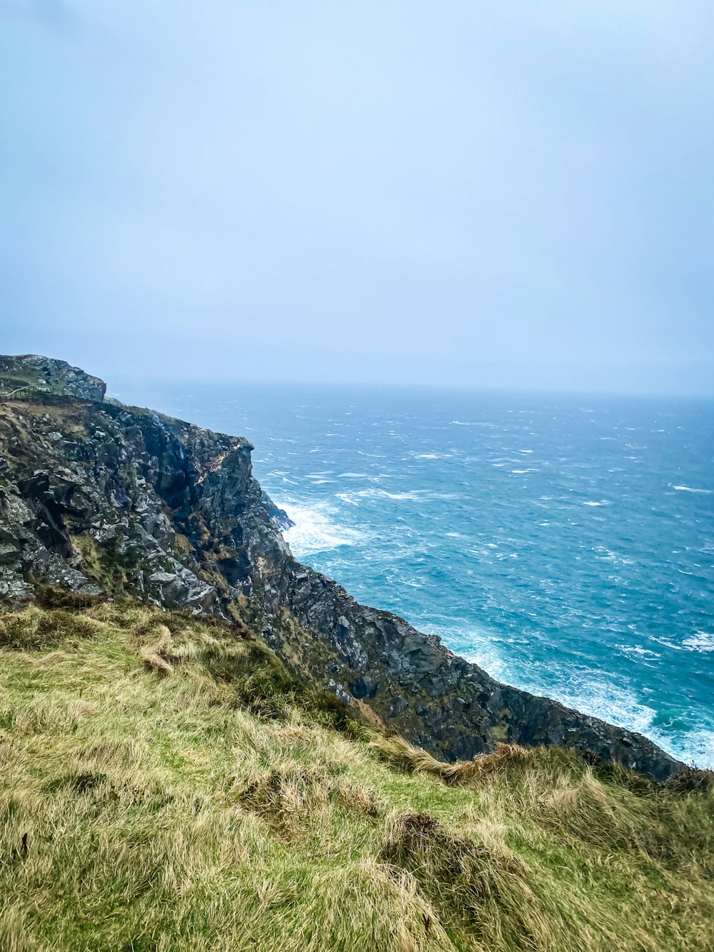 a grassy hill with a body of water in the background