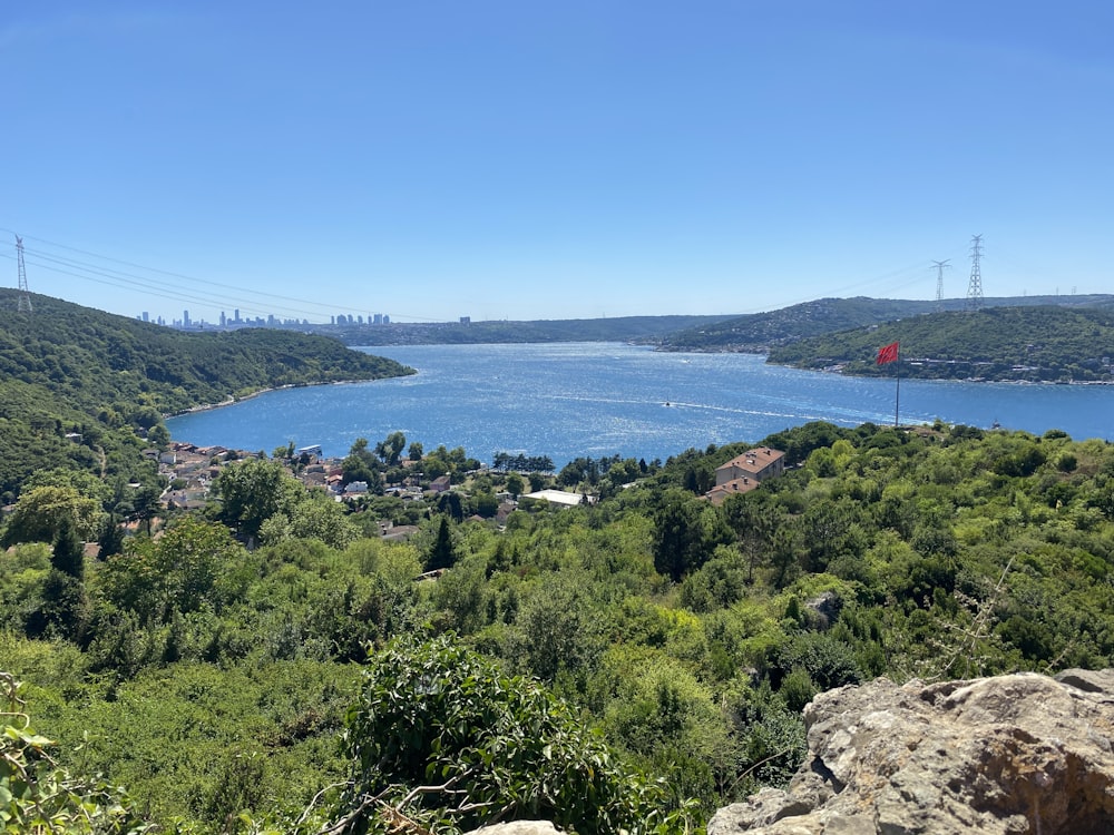 a view of a lake from a hill top