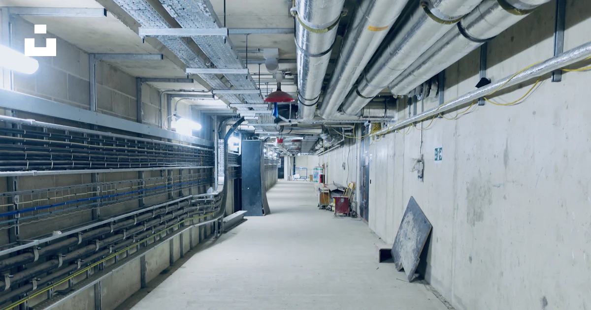 A long hallway in a building with lots of pipes photo – Free Uk Image ...