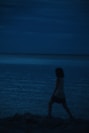 a person standing on a beach at night