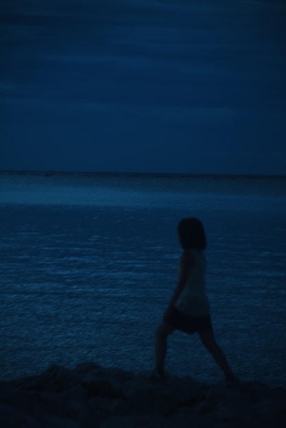 a person standing on a beach at night