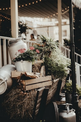 A rustic arrangement is displayed on a wooden cart filled with hay. It includes metal milk churns, wooden crates, and an assortment of greenery and pink flowers. There are small string lights wrapped around the cart, adding a touch of warmth. In the background, a veranda with soft, ambient lighting is visible, hinting at an outdoor setting.
