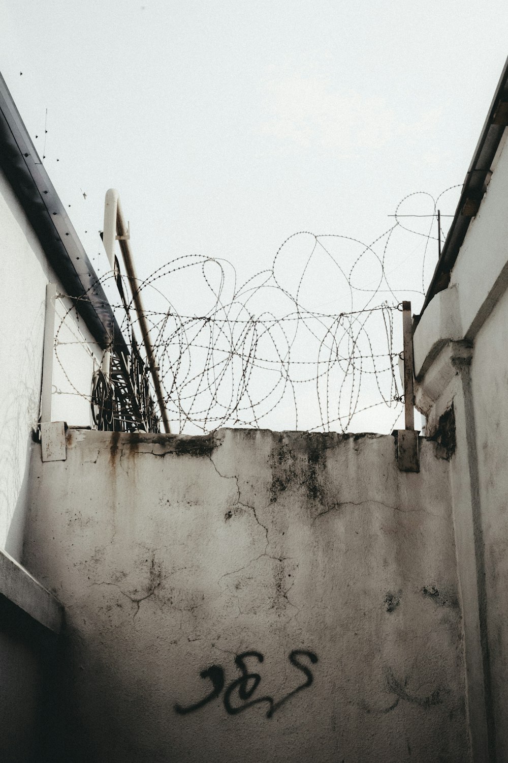 una pared con un montón de alambre de púas encima