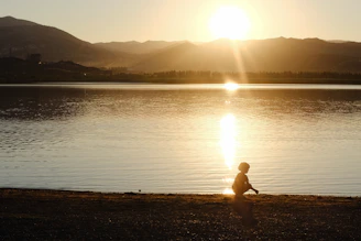 A serene scene of a deer and a child fishing together by a lakeside at sunset.