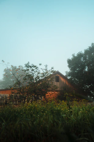 Historic farmhouse exterior bathed in soft morning light with surrounding gardens.
