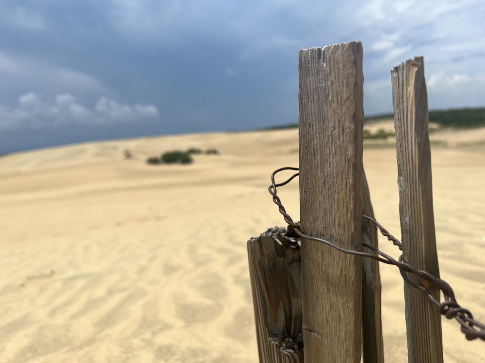 a wooden post with barbed wire on a sandy beach