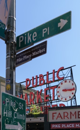 A street scene featuring multiple signs. Prominently, there is a 'Pike Pl' green street sign and a large 'PUBLIC MARKET' sign with a clock showing 10:10. Below, signs for 'Pike Place Market' and directions for 'Pike St Hill Climb' are visible.