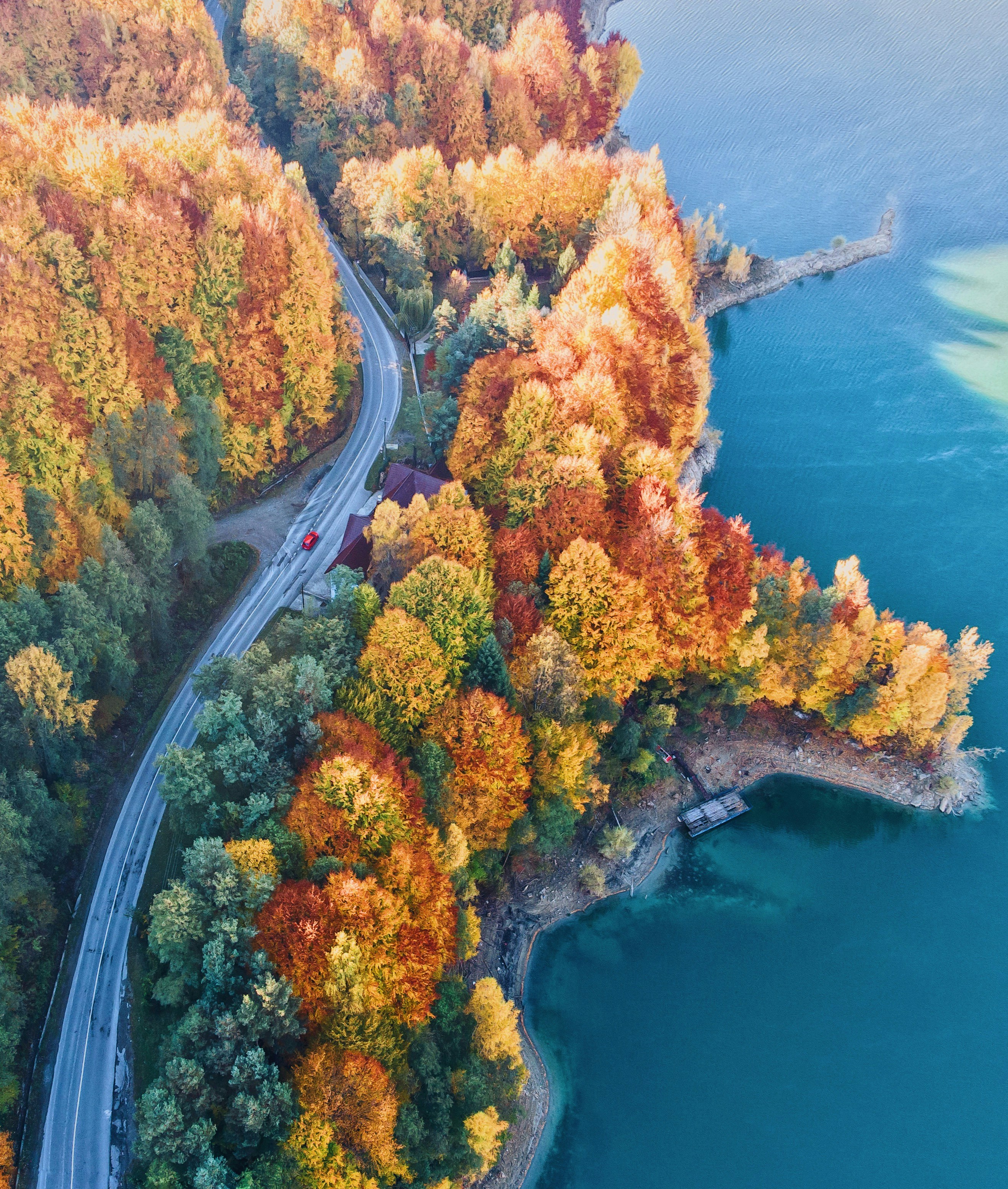 an aerial view of a winding road surrounded by trees