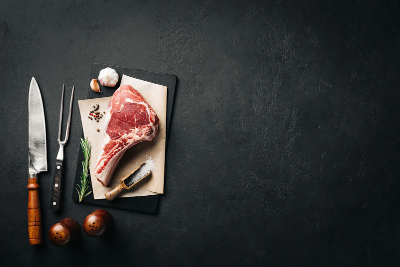 Raw bone-in mutton chop on a slate board with butcher knives