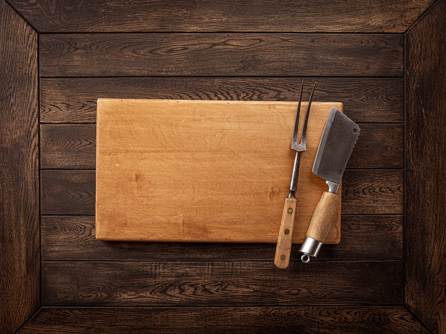 Rustic wooden cutting board and kitchen tools