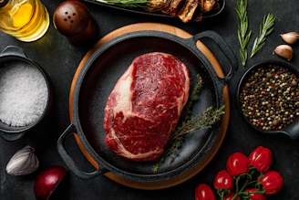 a steak in a skillet surrounded by other ingredients