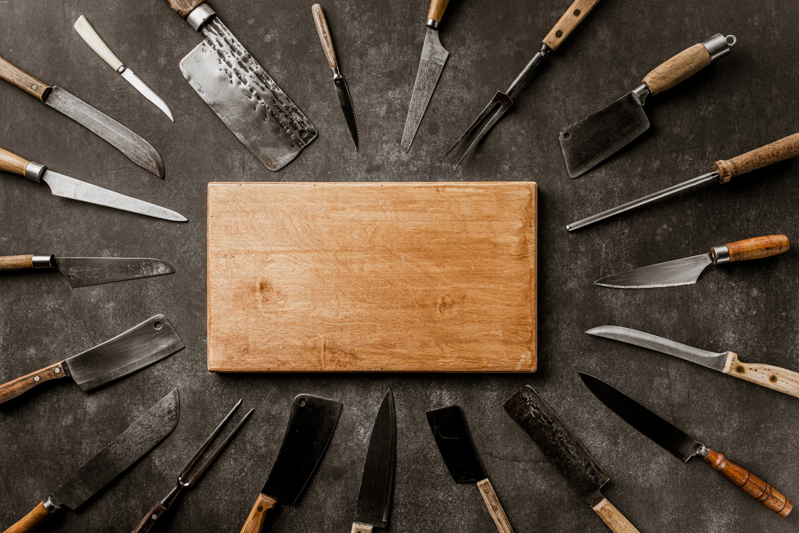 Top-down wooden board ringed by vintage knives and cleavers on dark concrete