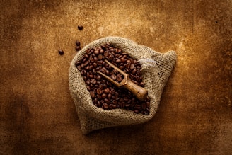 A burlap sack filled with roasted coffee beans is placed on a textured brown surface. A small wooden scoop rests on top of the beans, suggesting a rustic and natural setting.