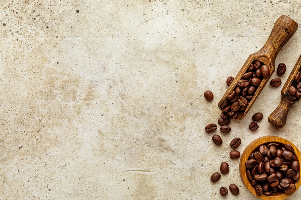 two wooden spoons filled with coffee beans