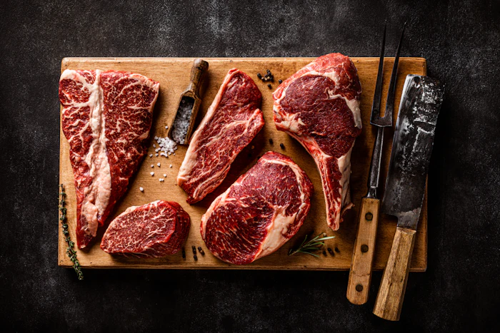 Raw dry-aged steaks on a butcher's board