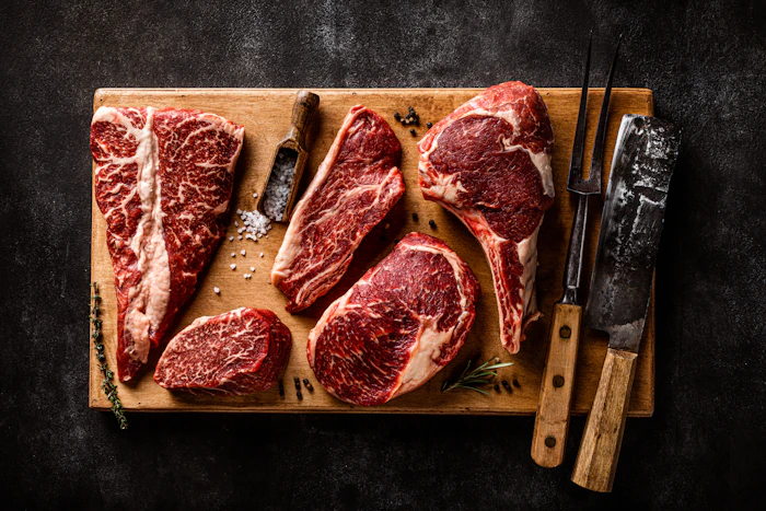 Carne proaspătă tăiată pe fundul de tăiat