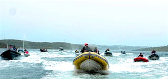 An overhead shot of multiple electric boats cruising in formation, highlighting their clean lines.