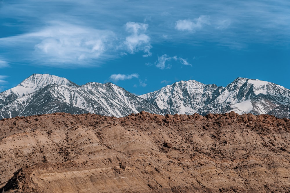 a mountain range with snow capped mountains in the background