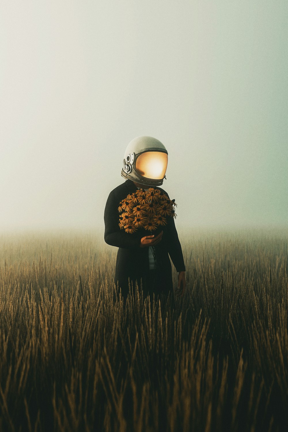 a person in a field with a light on their head