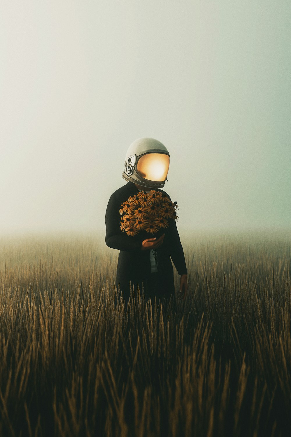 eine Person auf einem Feld mit einem Licht auf dem Kopf