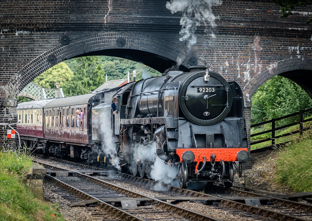 a train traveling under a bridge with steam pouring out of it