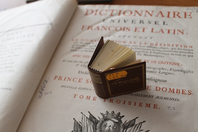 A vintage dictionary page featuring ornate text in French, with a small, leather-bound book placed on it. The open pages of the dictionary reveal handwritten notes and an elaborate border design. The small book shows a label with numbers and has gold detailing on its cover.