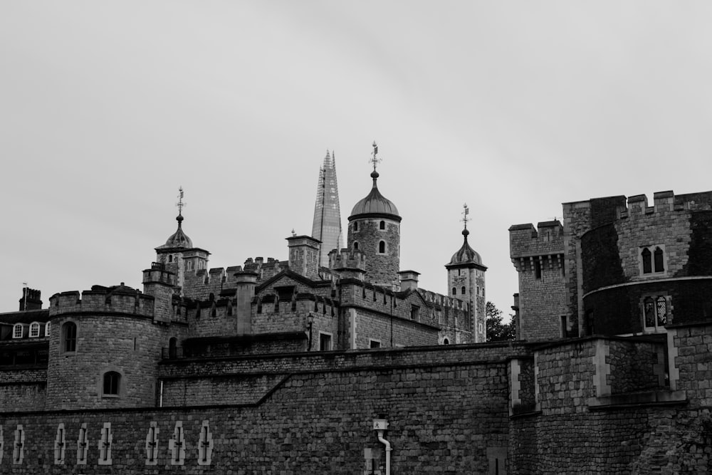 a black and white photo of a castle