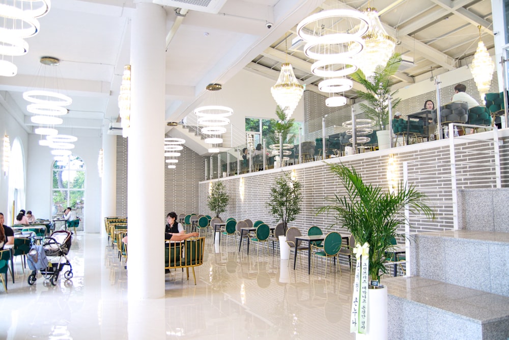 a restaurant with people sitting at tables and chairs