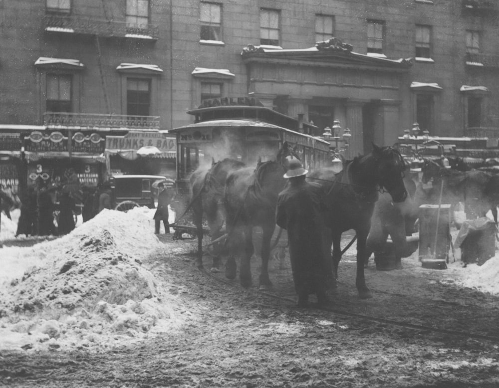 a black and white photo of people and horses in the snow