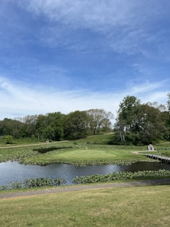 A serene landscape featuring a golf course with a green surrounded by water, set against a backdrop of lush green trees and a blue sky. A golf cart is visible near a narrow wooden bridge that crosses the water.