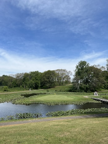 A serene landscape featuring a golf course with a green surrounded by water, set against a backdrop of lush green trees and a blue sky. A golf cart is visible near a narrow wooden bridge that crosses the water.