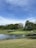 A serene landscape featuring a golf course with a green surrounded by water, set against a backdrop of lush green trees and a blue sky. A golf cart is visible near a narrow wooden bridge that crosses the water.