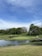 A serene landscape featuring a golf course with a green surrounded by water, set against a backdrop of lush green trees and a blue sky. A golf cart is visible near a narrow wooden bridge that crosses the water.