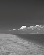 A serene beach with visible renewable energy installations.