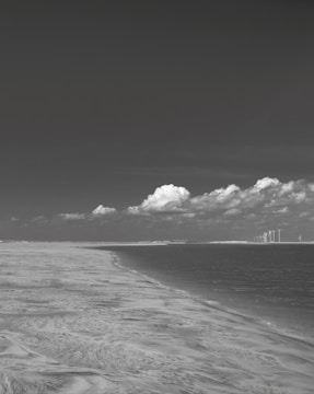 A serene beach with visible renewable energy installations.